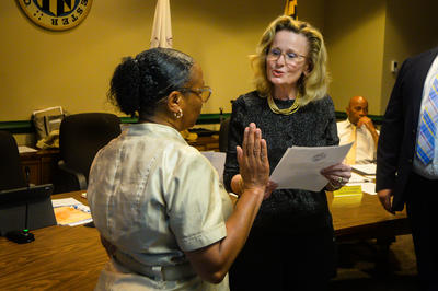 Margaret Fletcher is sworn in at Town Hall on Tuesday, June 10, 2025.