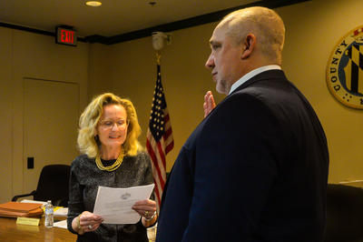 Aaron Lumpkins is sworn in at Town Hall on Tuesday, June 10, 2025.