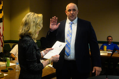 Aaron Lumpkins is sworn in at Town Hall on Tuesday, June 10, 2025.