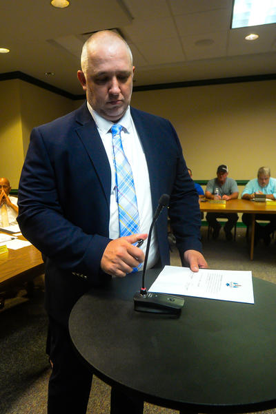 Aaron Lumpkins is sworn in at Town Hall on Tuesday, June 10, 2025.