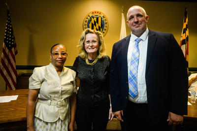 Margaret Fletcher and Aaron Lumpkins are sworn in at Town Hall on Tuesday, June 10, 2025.